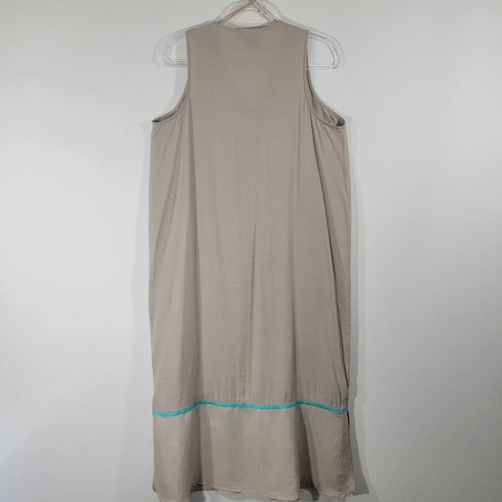 NATORI tan 'V' neck sleeveless long maxi nightgown sleep dress teal trim Large